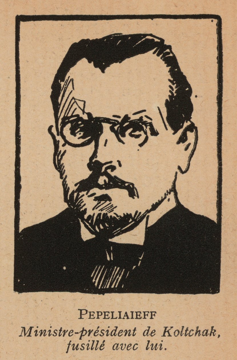 Viktor Pepeljajev, ruský politik a předseda běloruské vlády admirála Kolčaka na Sibiři, popraven bolševiky (litografie) od French School