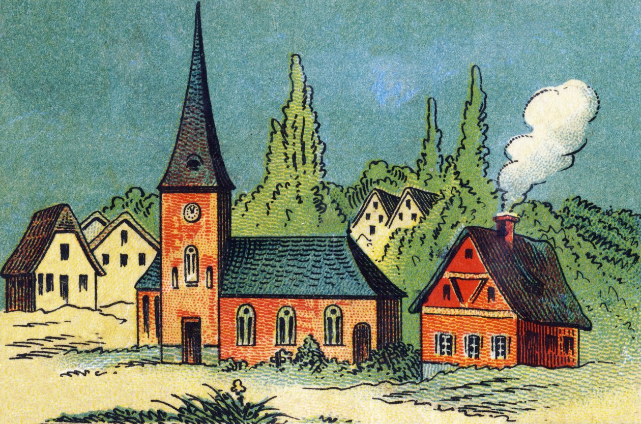 Vesnice. Rytina v "ABC indechirable na lakovaném plátně". A. Capendu, redaktor, Paříž, konec 19. století. Dětské knihkupectví ilustrované. 8 stran. Rozměr: 21,5 x 18 cm. od French School