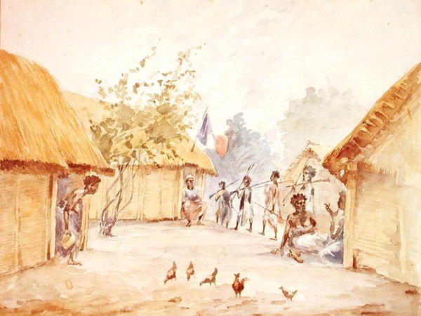 Vesnice na Madagaskaru v době jeho dobytí Francií v letech 1895-96 (akvarel na papíře) od French School
