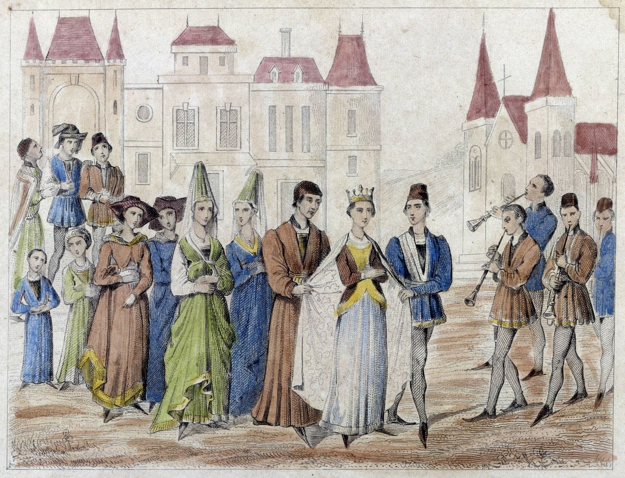 Vesnická svatba za Karla V. - Rytina 19. století. od French School