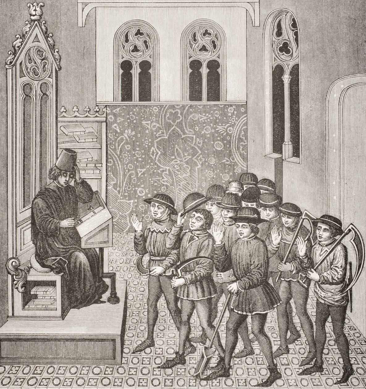 Darebáci dostávají své rozkazy lordů před odchodem do práce podle miniatury v rukopisu z 15. století z knihy Le Moyen Age et La Renaissance od Paula Lacroixe (1806–84) vydané v roce 1847 od French School