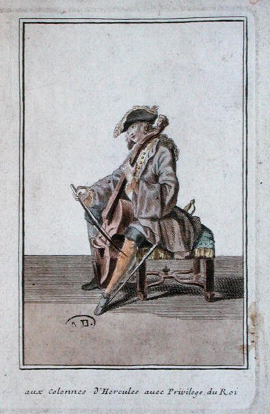 Violincello, cca 1700 (rytina) od French School