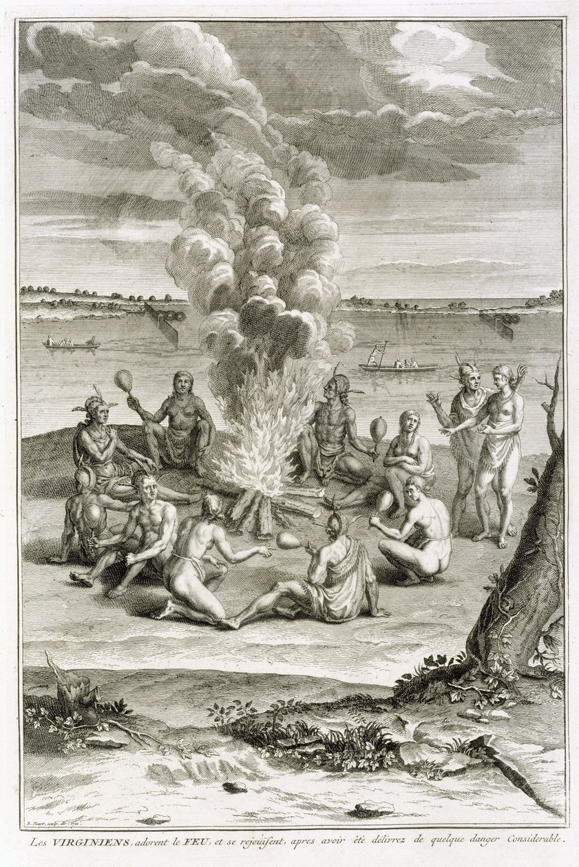 Virginians uctívající oheň a radovat se byl vysvobozen ze značného nebezpečí, ilustrace z náboženských obřadů a zvyků, vyryl Bernard Picart (1673-1733) 1721 od French School