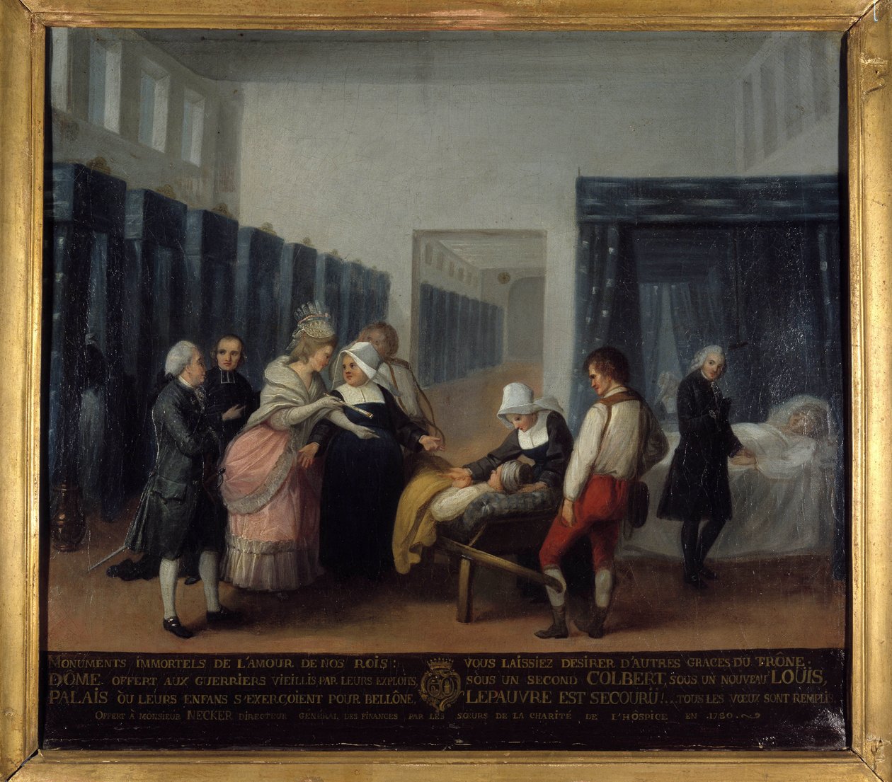 Návštěva manželů Neckerových v Invalidovně - Francouzská škola, Muzeum veřejné pomoci, konec 18. stol. od French School