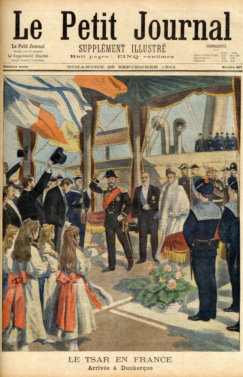 Návštěva ruského cara Mikuláše II. ve Francii První stránka novin „Le Petit Journal“ z 29. září 1901 (rytina) od French School