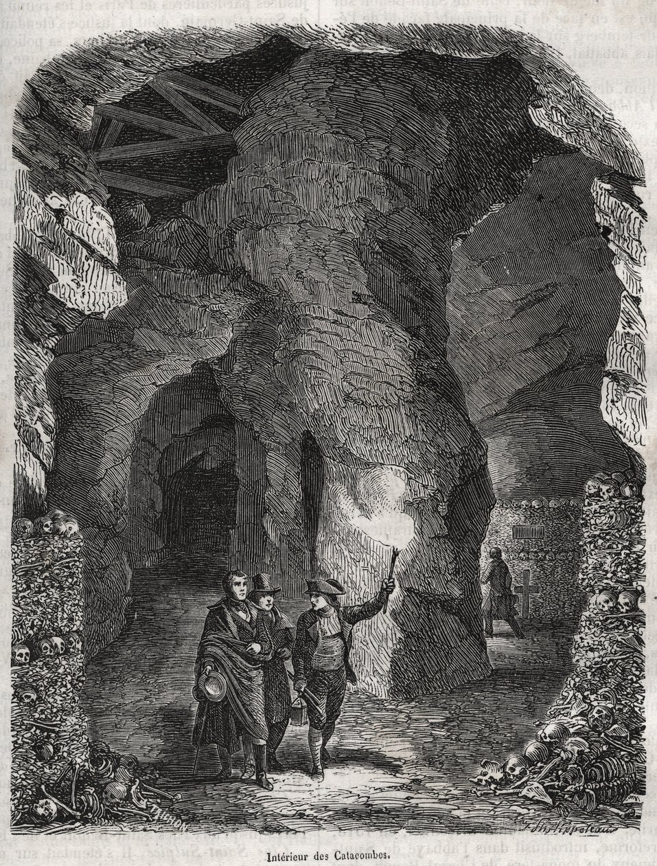 Návštěva katakomb v Paříži v 19. století – rytina do „“fyzických, občanských a morálních dějin Paříže: od nejstarších historických dob po současnost“ od Jacquese Antoina Dulaure od French School