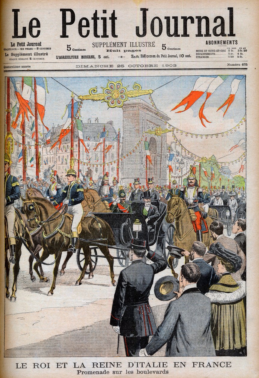 Návštěva krále a královny Itálie ve Francii. Král a královna Itálie ve Francii. Promenáda na bulvárech s Le President Francouzské republiky Emile Loubet - Ilustrace pro Le petit Journal, 25. října 1903 - Victor Emmanuel III (Victor-Emma od French School