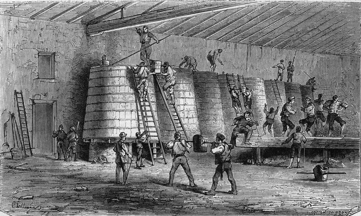 Vinařství v Medoku: drcení a ukládání do kádí. Rytina v ""Le Monde Illustre"" č. 561 z 11. ledna 1868. od French School