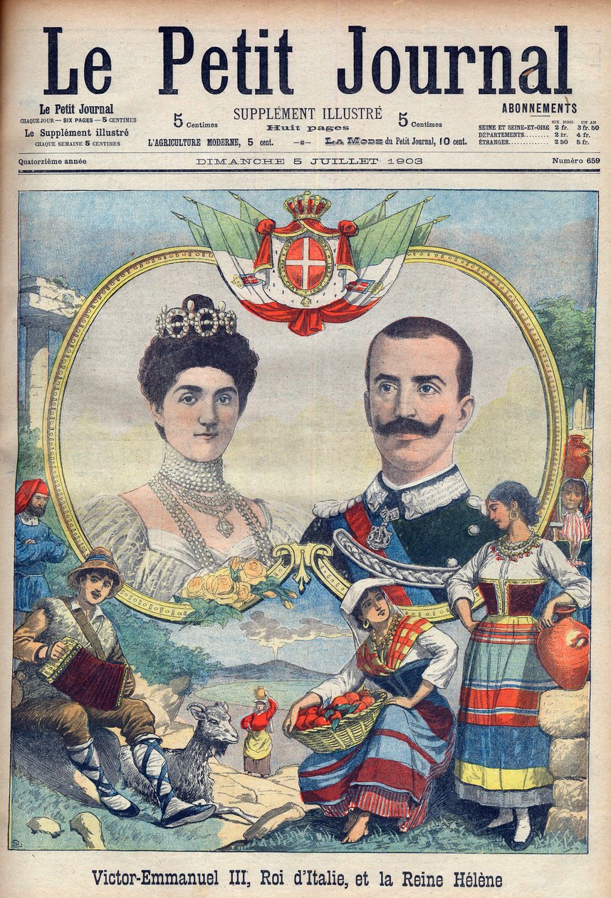 Vittorio Emanuele III di Savoia a Elena di Savoia - král Victor Emmanuel III a královna Elena z Itálie. Viktor Emanuel III., italský král a královna Helene. Ilustrace pro Le petit Journal, 5. července 1903. od French School