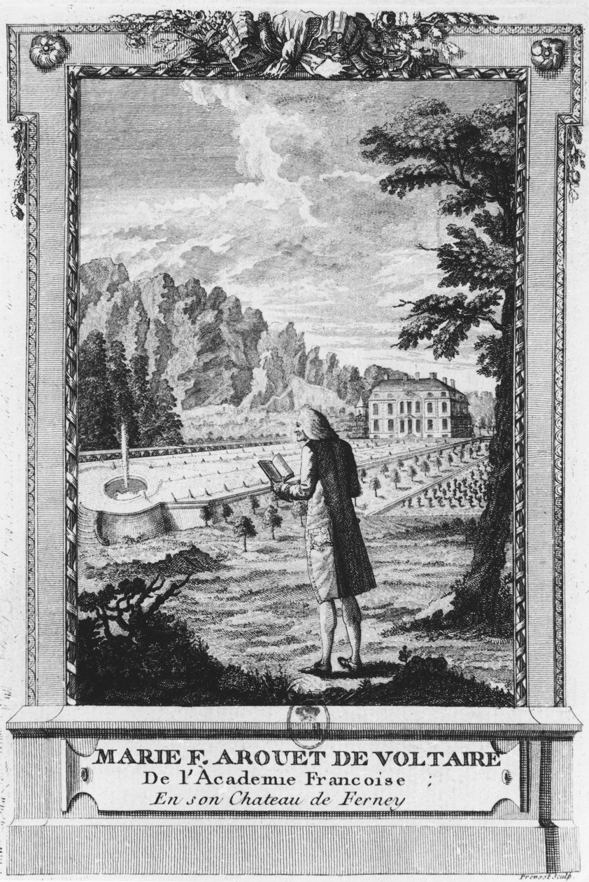 Voltaire u Ferney, vyrytý Prevost (18. století) od French School