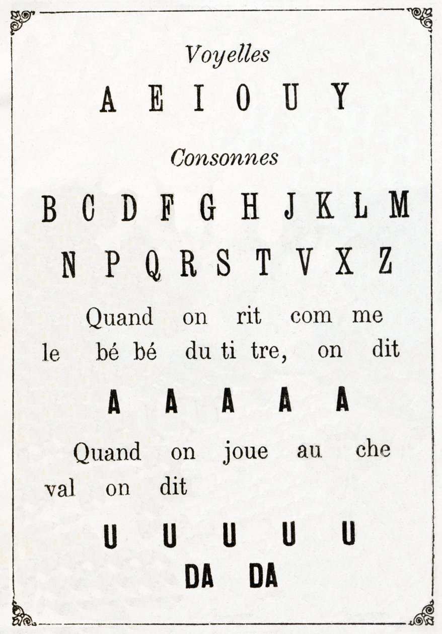 Samohlásky a Cononne v „“ Alphabet des petits savants“, konec 19. století (chromolitograf) od French School