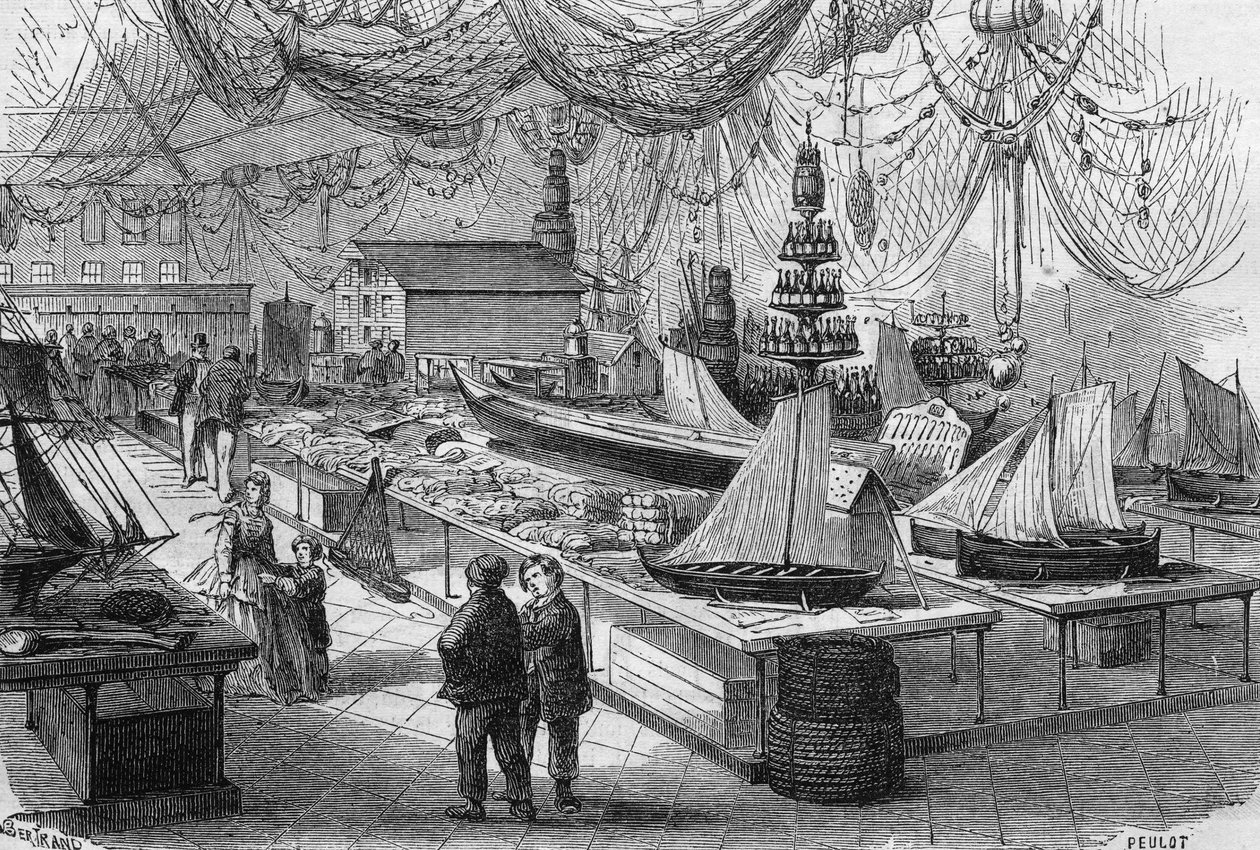 Pohled na hlavní galerii Mezinárodní mořské a rybářské výstavy v Boulogne sur Mer (Boulogne-sur-Mer), Pas de Calais (62) od French School