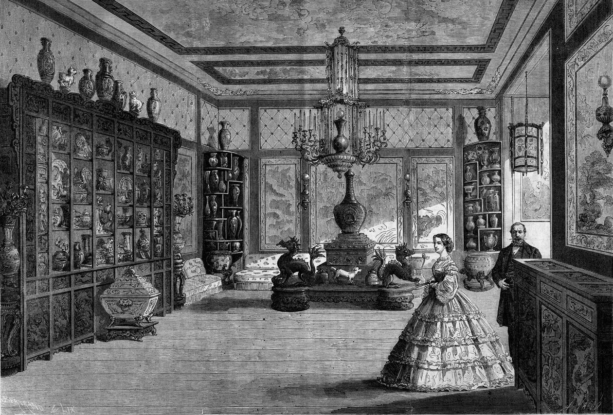 Pohled na čínské muzeum císařovny Eugenie de Montijo, instalované v roce 1863 na zámku Fontainebleau. Rytina v ""Le Monde Illustre"" č. 325 ze 4. července 1863. od French School