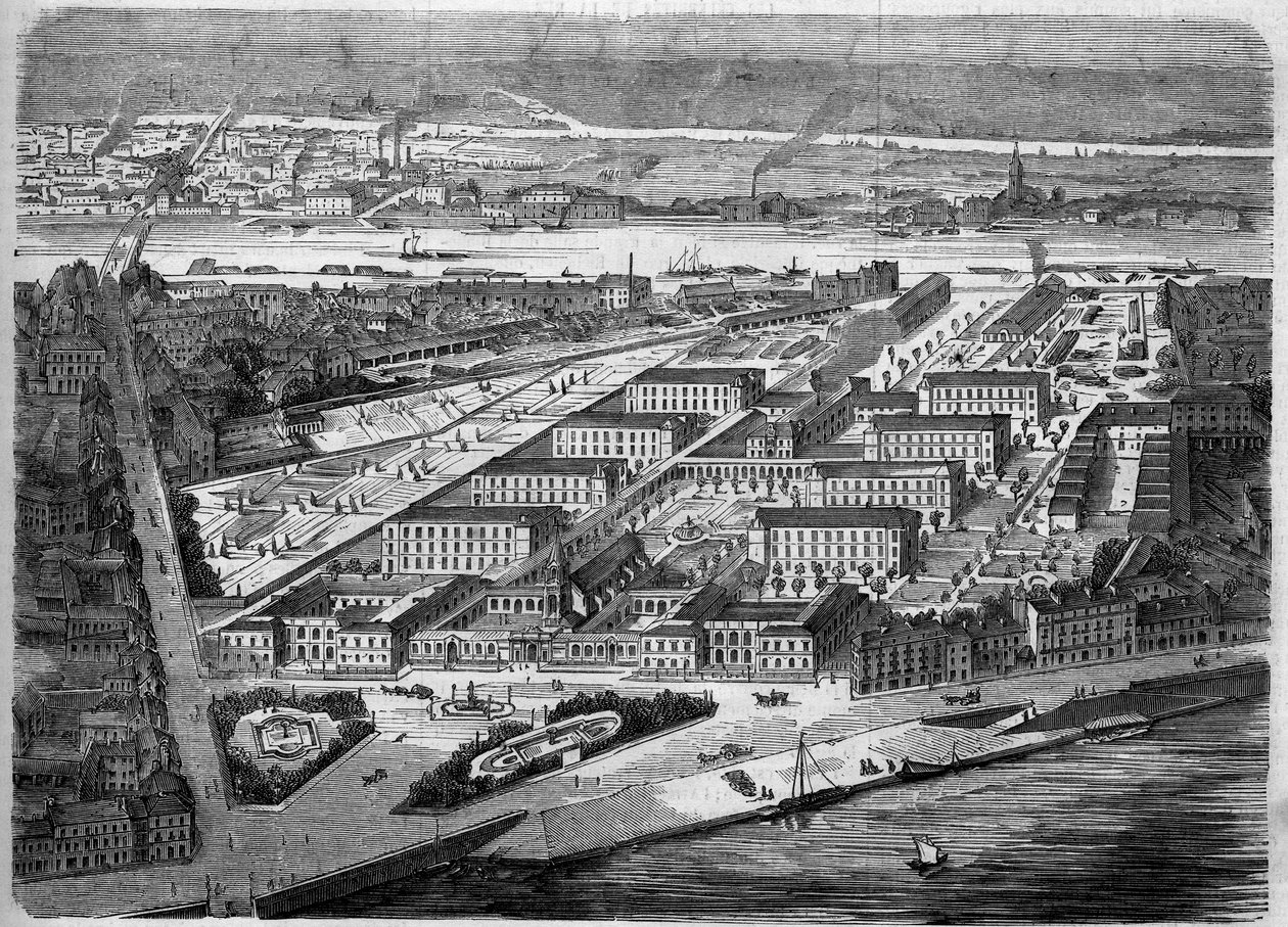 Vnější pohled na Hotel Dieu (Hotel-Dieu) v Nantes, slavnostně otevřen v roce 1863. Tato nemocnice byla téměř úplně zničena během bombardování v roce 1943. Loire Atlantique (44). Rytina v ""Le Monde Illustre"" č. 347 z 5. prosince 1863. od French School