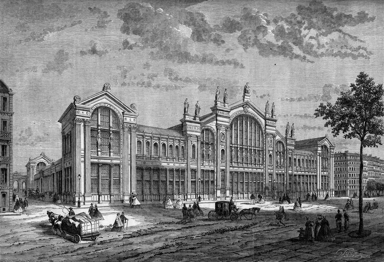Vnější pohled na Gare du Nord v Paříži, postavený francouzským architektem Jacquesem Hittorffem (1792-1867) od French School