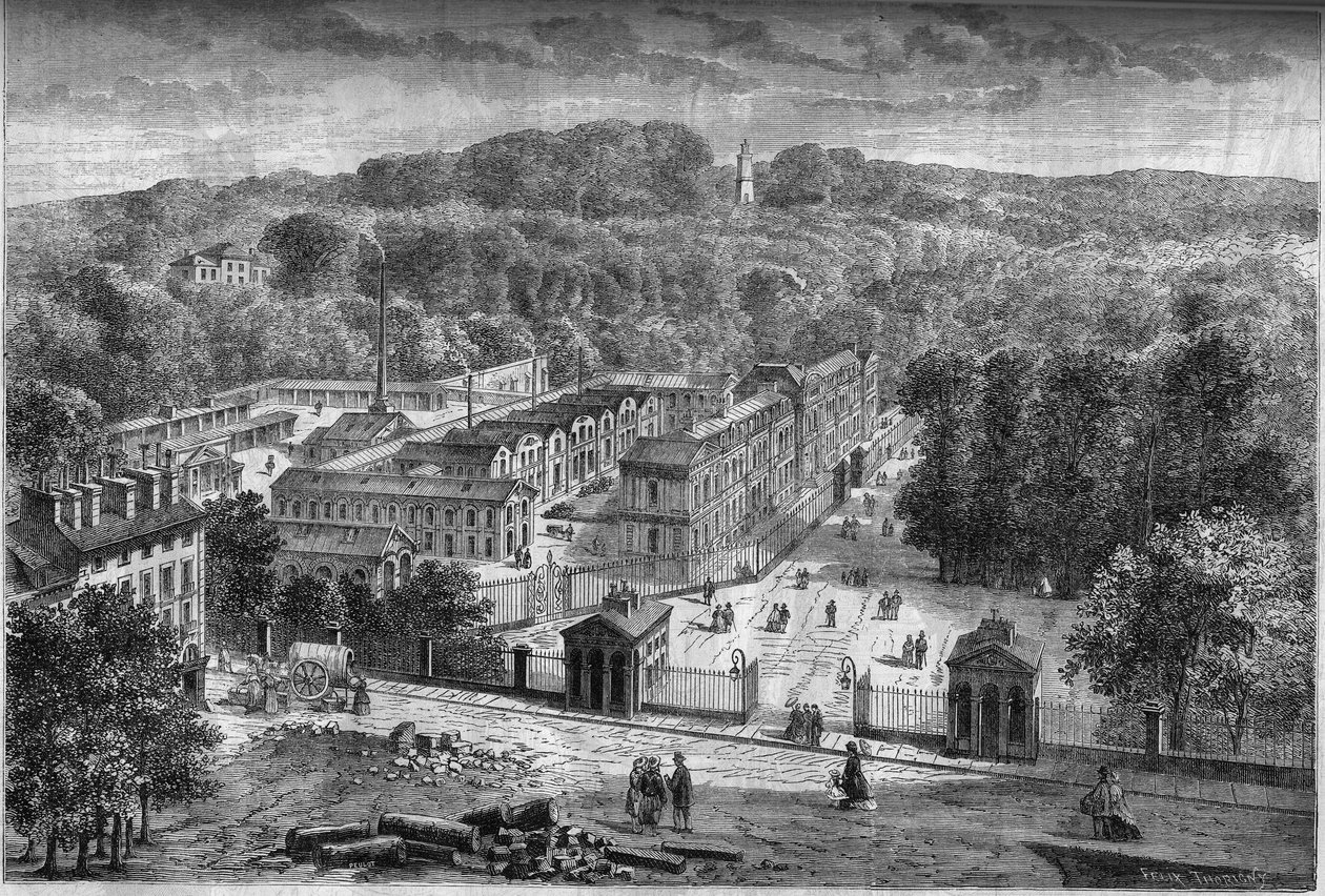Vnější pohled na císařskou porcelánku v Sevres, postavenou v parku Saint Cloud podle plánů architekta Laudina od French School