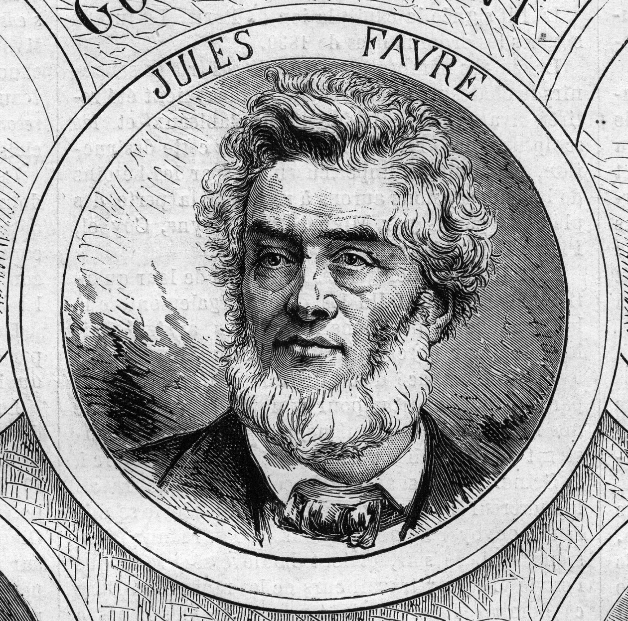 Válka 1870 - Vláda národní obrany: portrét Julese Favrea (1809-1880), člena prozatímní vlády z roku 1870. Rytina v „“ Le Monde Illustré““ č. 706 z 22. října od French School