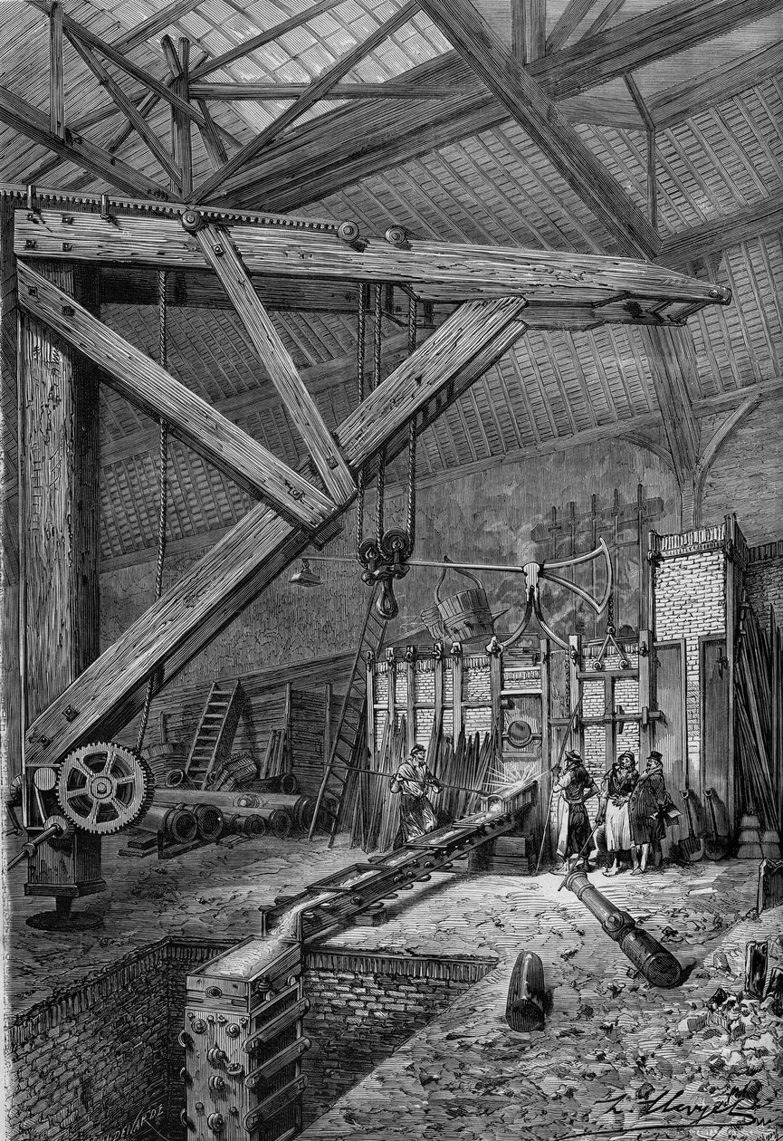 Válka 1870 - Pařížské sídlo: roztavení kánonu „Petity Moniteur“, financovaného čtenáři novin, v dílnách pánů Broquina a Lainea v Paříži. Rytina v „“ Le Monde Illustré““ č. 721 ze 4. února 1871. od French School