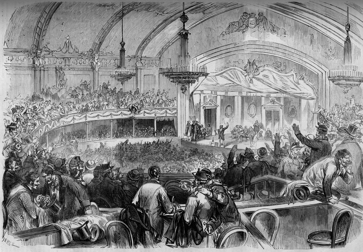Válka 1870 – zákonodárné volby během příměří – únor 1871: volební schůze v Cabaret des Folies Bergeres v Paříži k vyhlášení kandidátů do Národního shromáždění. Rytina v „“ Le Monde Illustré““ č. 722 z 11. února 187 od French School