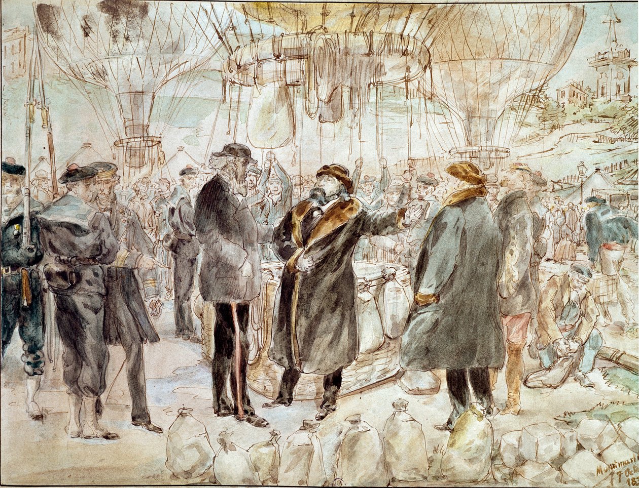 Válka 1870: Leon Gambetta opouští Paříž obléhání v balónu (obraz od French School
