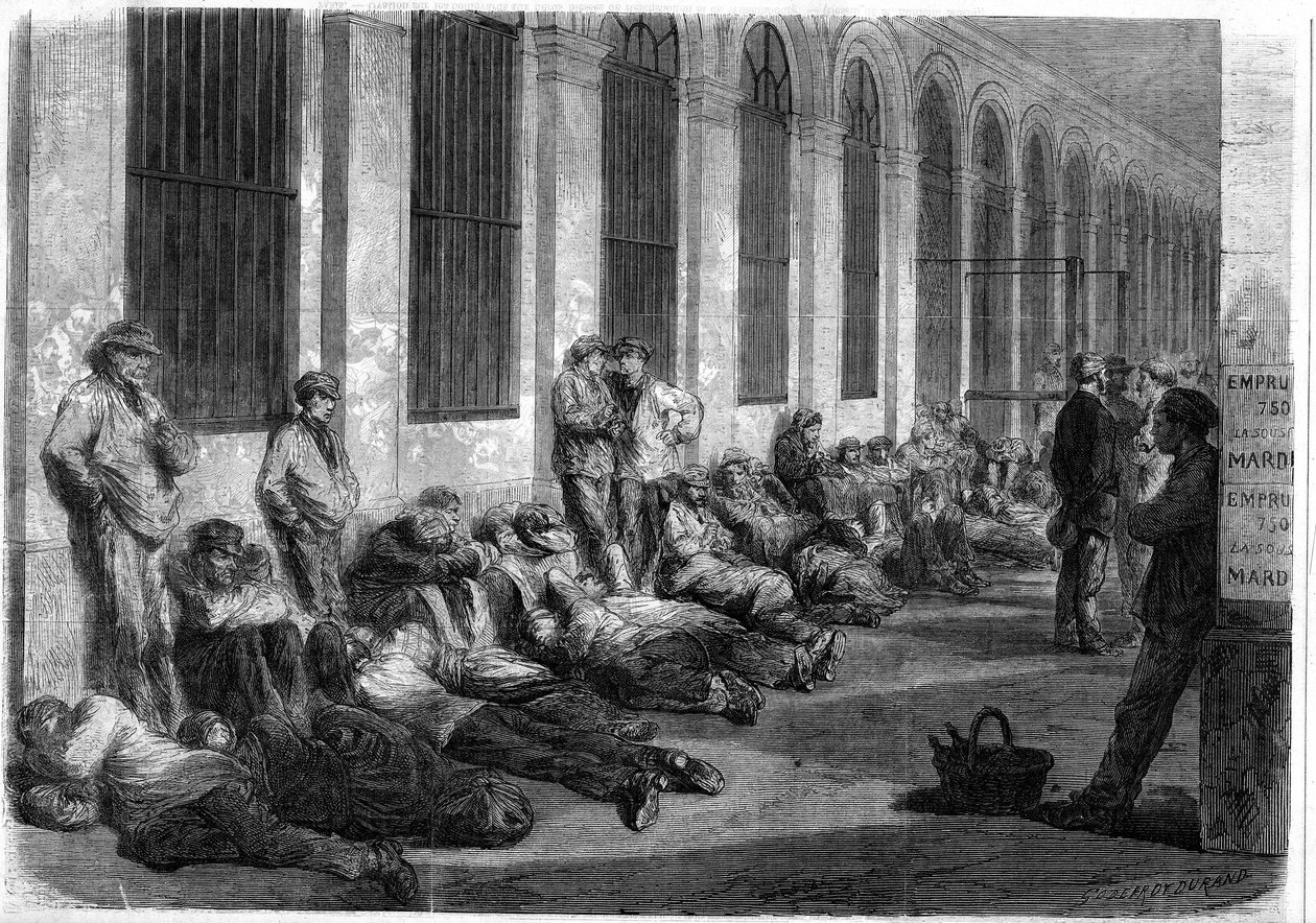 Válka roku 1870: Pařížané se seřadili před ministerstvem financí, aby si upsali národní půjčku na financování války. Scéna zobrazující den před otevřením oken od French School