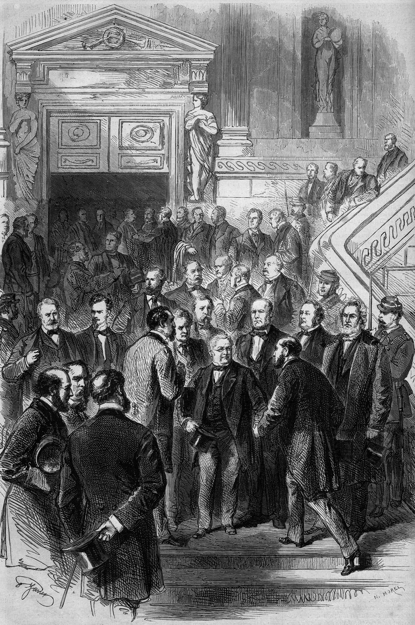 Válka roku 1870: Předseda rady Adolphe Thiers (1797-1877) přijal blahopřání zástupců k jeho propuštění z Národního shromáždění, které se 19. února 1871 znovu sešlo v Bordeaux. Právě dostal jmenování své vlády. Gravírování v „“ Le Mo od French School