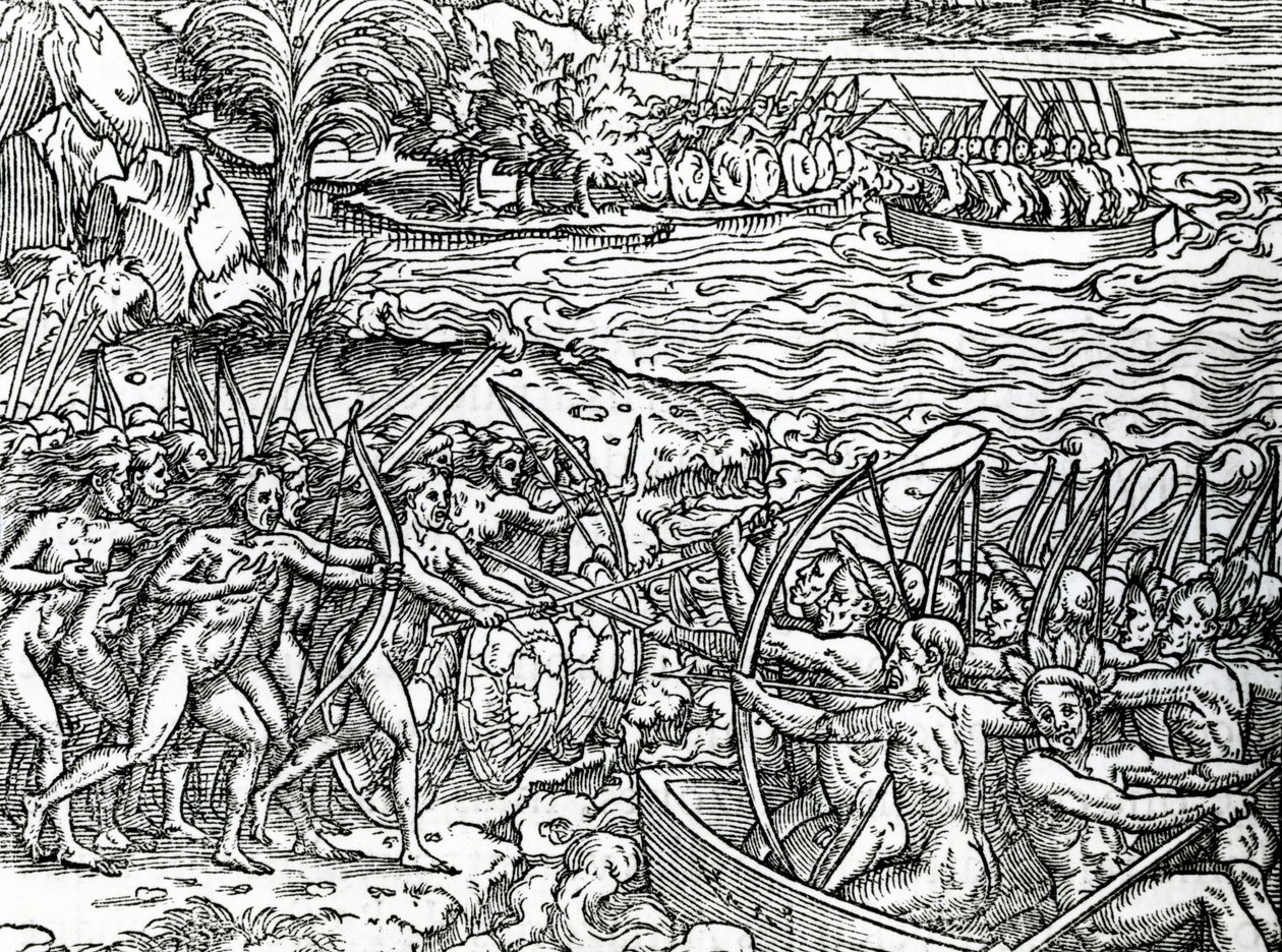 Válečná scéna, Brazílie, ilustrace z "Singularity Francie Antarktidy", Andre de Thevet, 1558 od French School