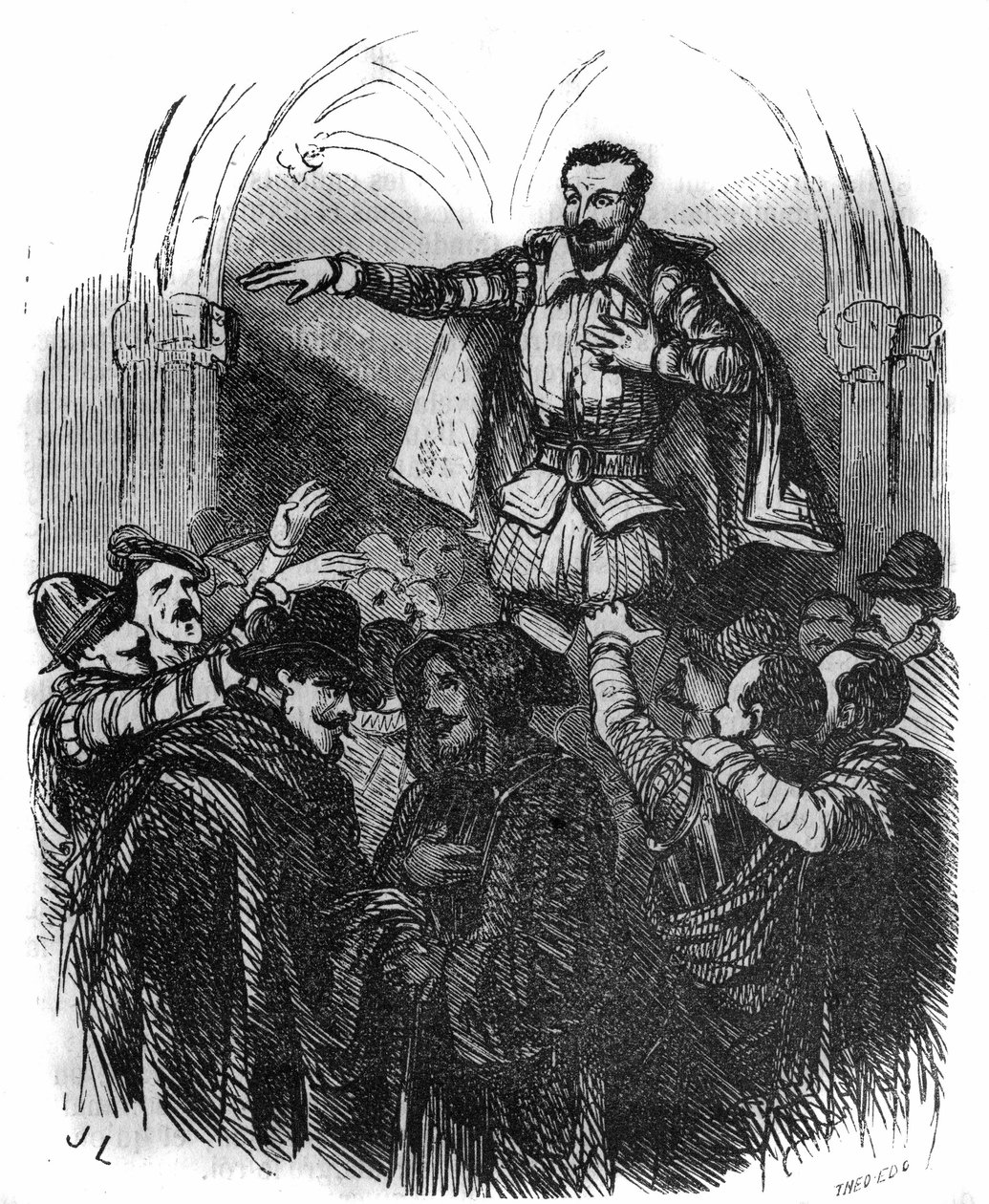 Války náboženství: spiknutí Amboise v roce 1560 (hugenotské spiknutí inspirované princem z Conde a vedené La Renaudiem, které se snažilo zbavit mladého Francoise II. vlivu Guise). od French School
