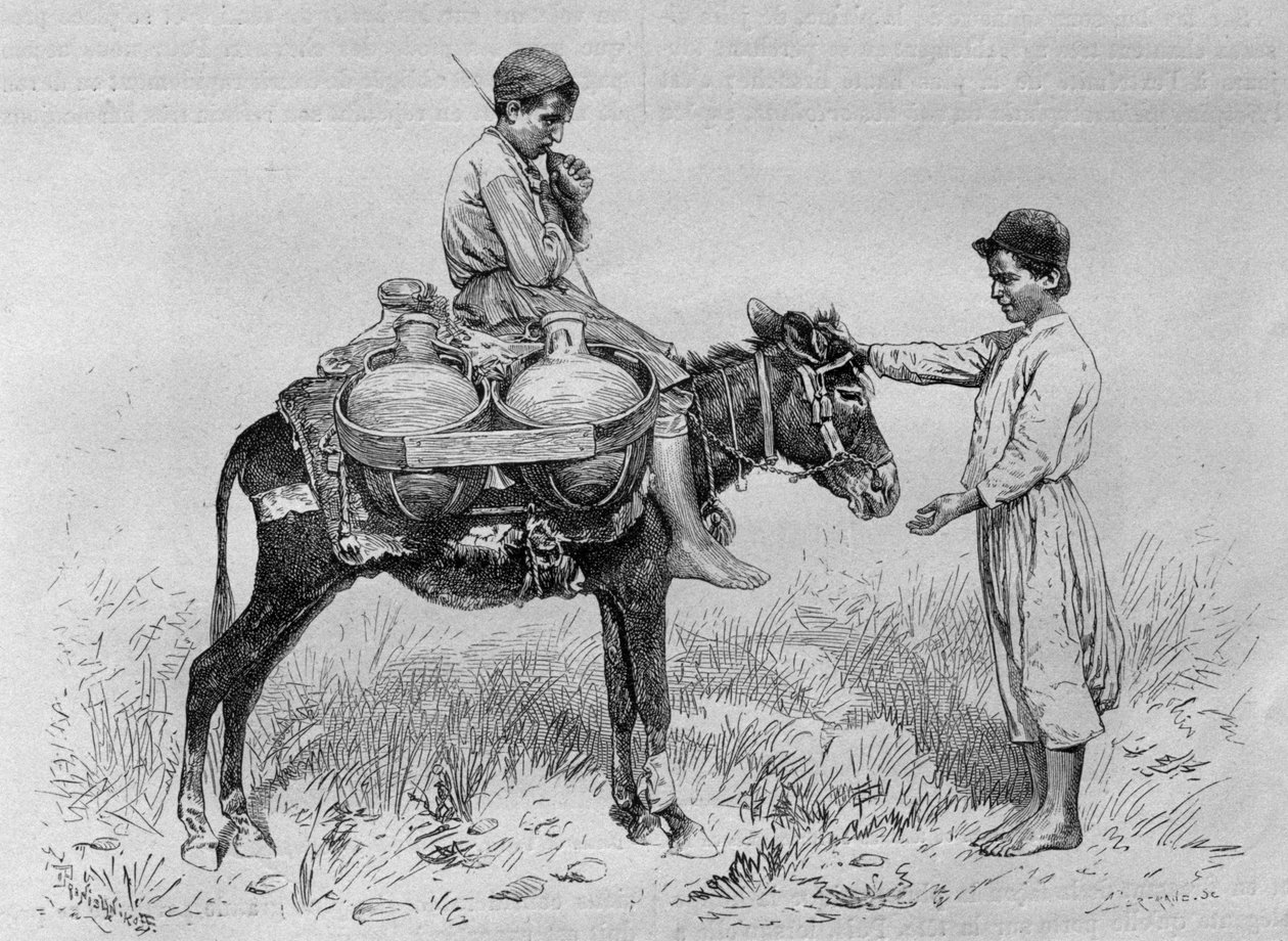 Nosič vody, od La Syrie dauhui. Voyages dans la Phenicie, Le Liban et la Judee. 1875-1880 Louise Charlese Emila Lorteta, 1884 (čb rytina) od French School