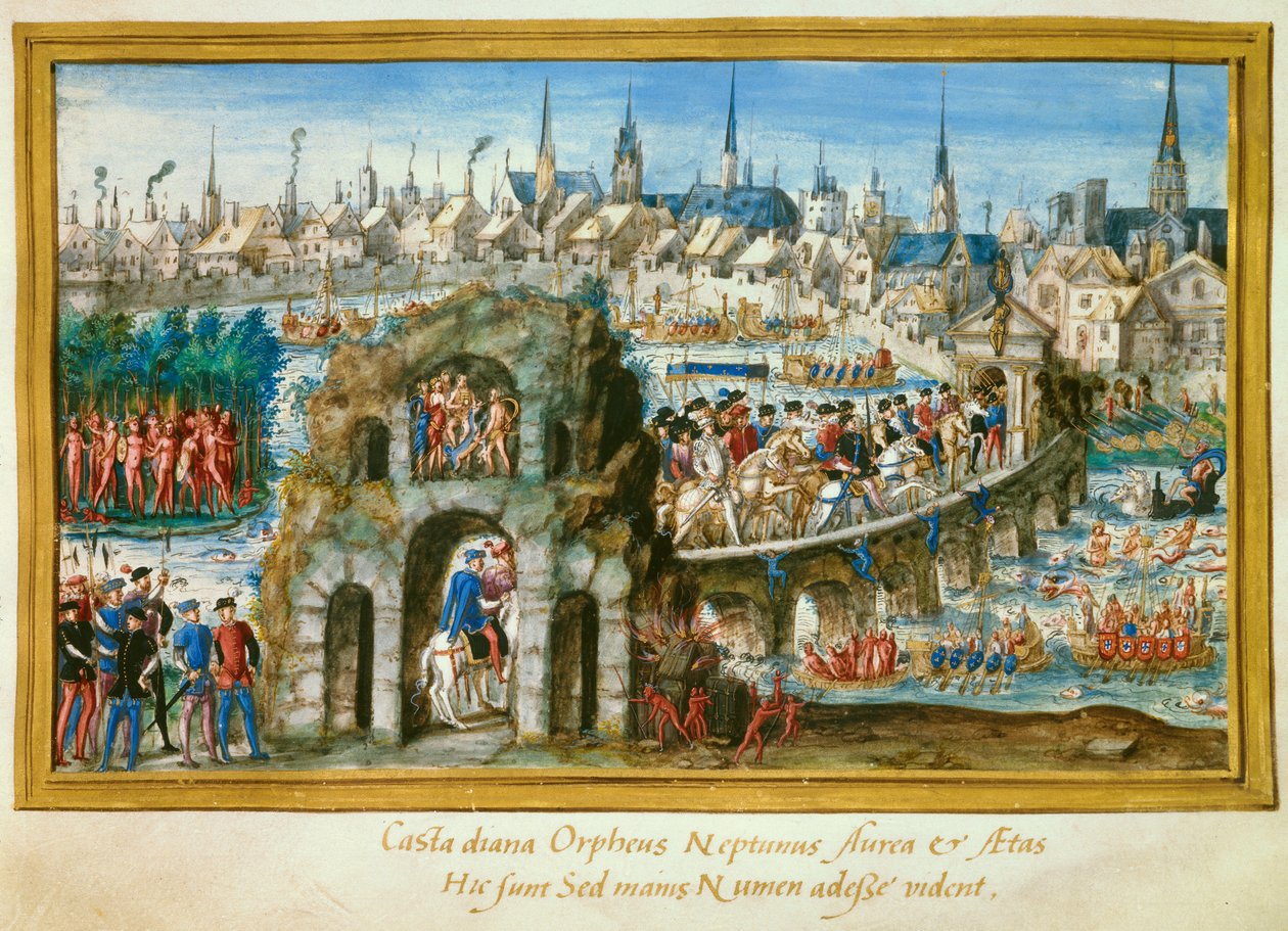 Vodní představení pořádané městem Rouen u příležitosti královského vjezdu krále Jindřicha II. (1519-1559) a Kateřiny Medicejské (1519-1589) 1. 10. 1550. Rekonstrukce na levé straně indiánské vesnice v Brazílii. Miniatura od French School