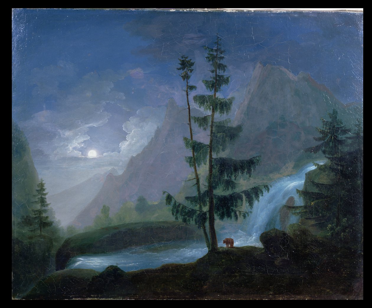 Vodopád poblíž Pont dEspagne za měsíčního svitu, kolem roku 1833 od French School