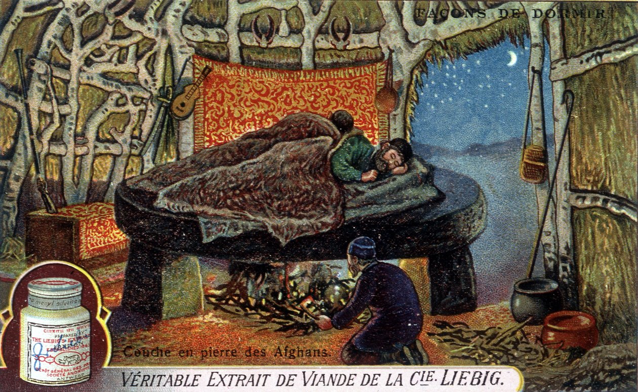 Způsoby spánku: Afghánská kamenná vrstva. Chromolitografie Liebigova balení. od French School