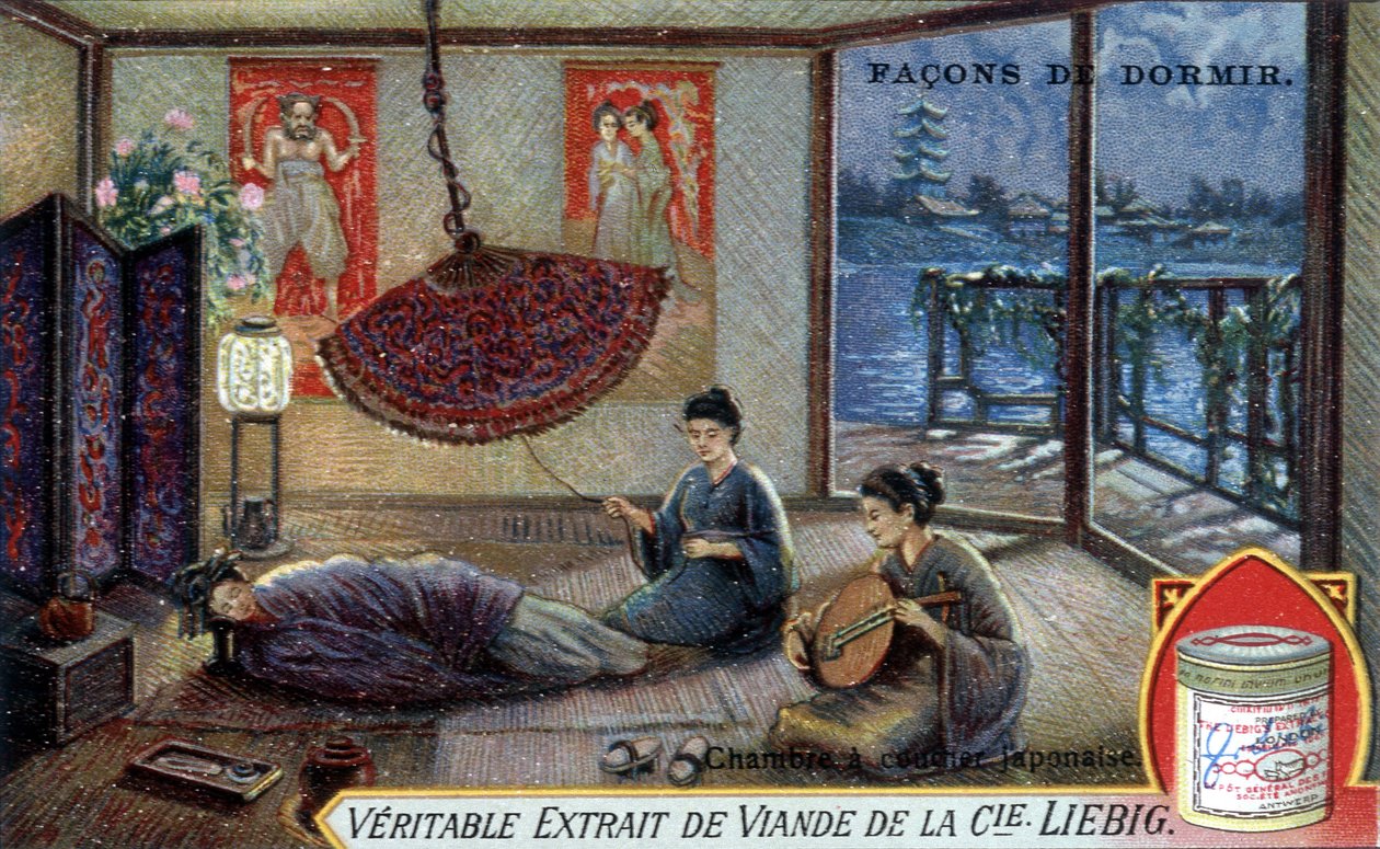 Způsoby spánku: Japonská ložnice. Chromolitografie Liebigova balení. od French School