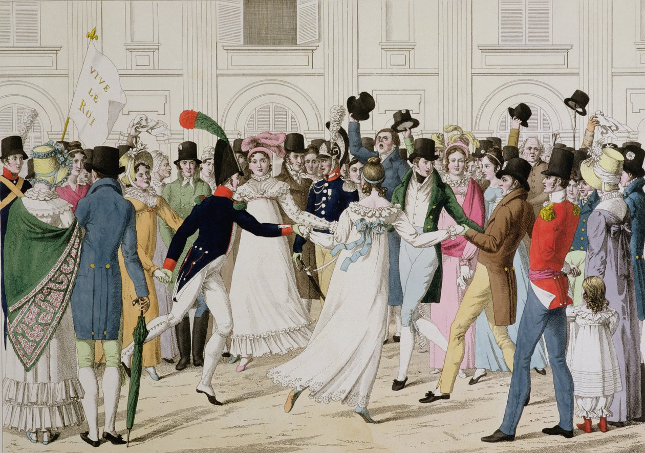 Máme Pere de Gand, oslavu v Tuileries, návrat Ludvíka XVIII. v roce 1815 z Gentu po 100 dnech (barevná rytina) od French School