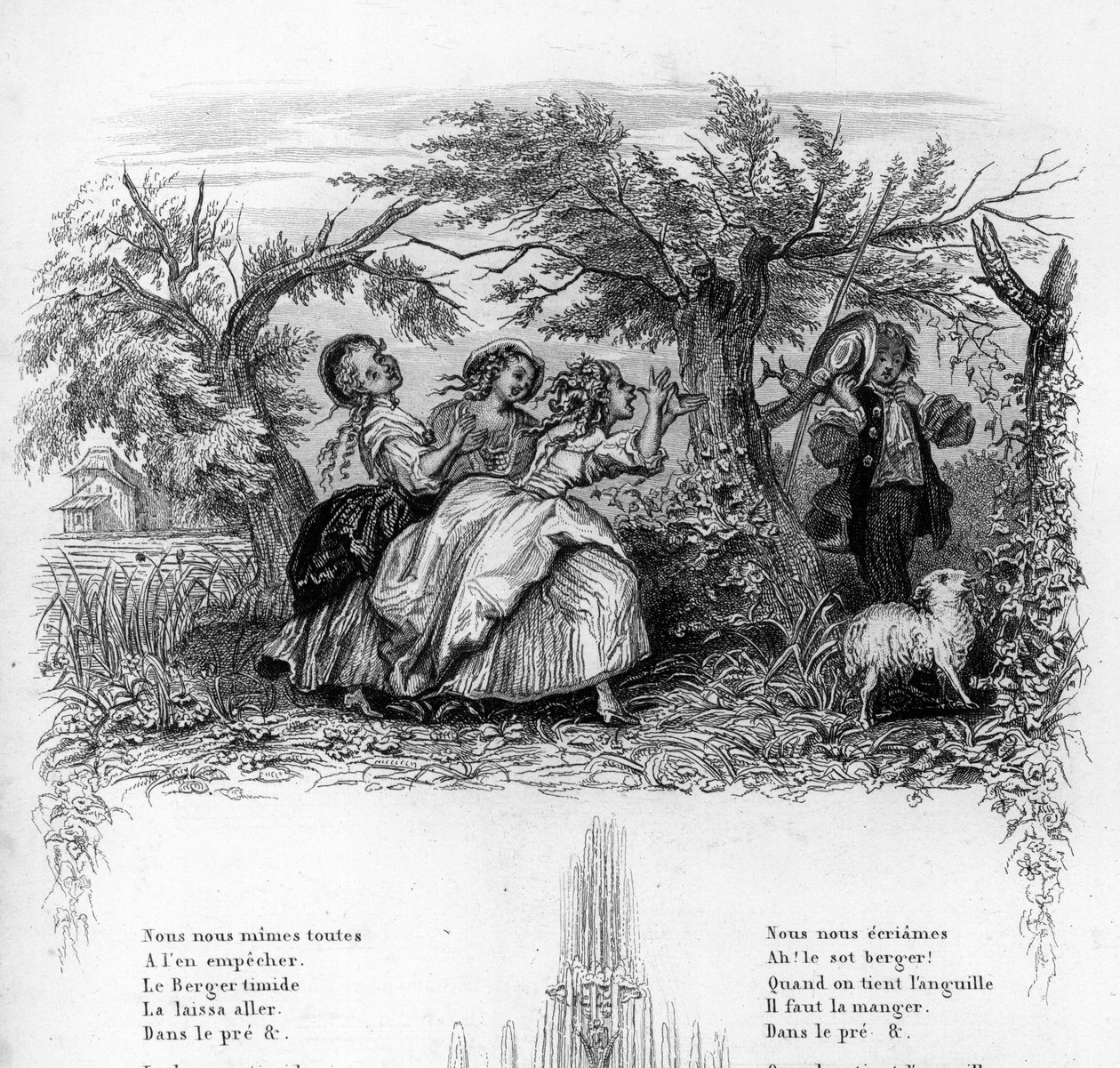 Byly jsme tři dívky. Tři dívky si hrají s pastýřem a znepříjemňují mu to. Rytina do „“ Chants et chansons populaire de la France“, Tome 2 od French School