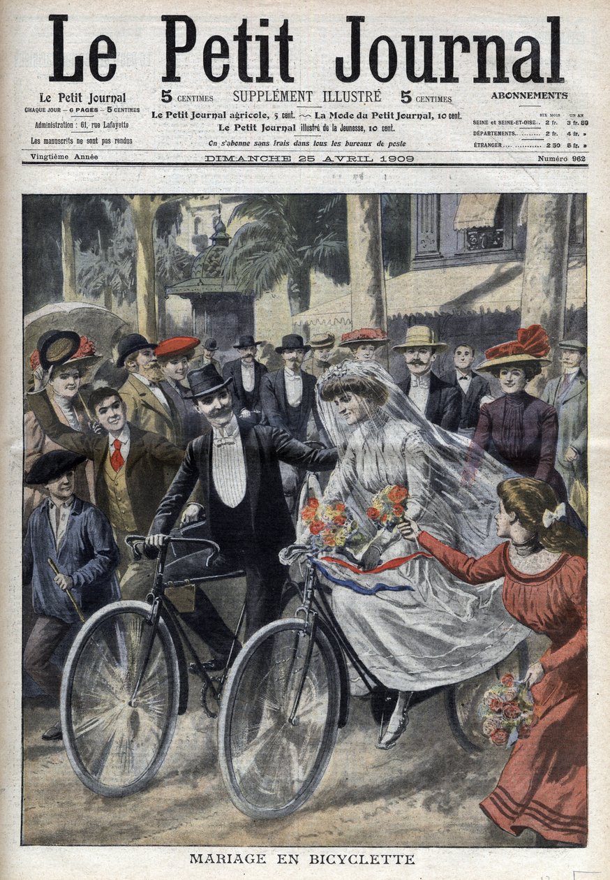 Svatba na kole na nádvoří radnice v Nice, v „Le Petit Journal“ z 25. dubna 1909 (rytina) od French School
