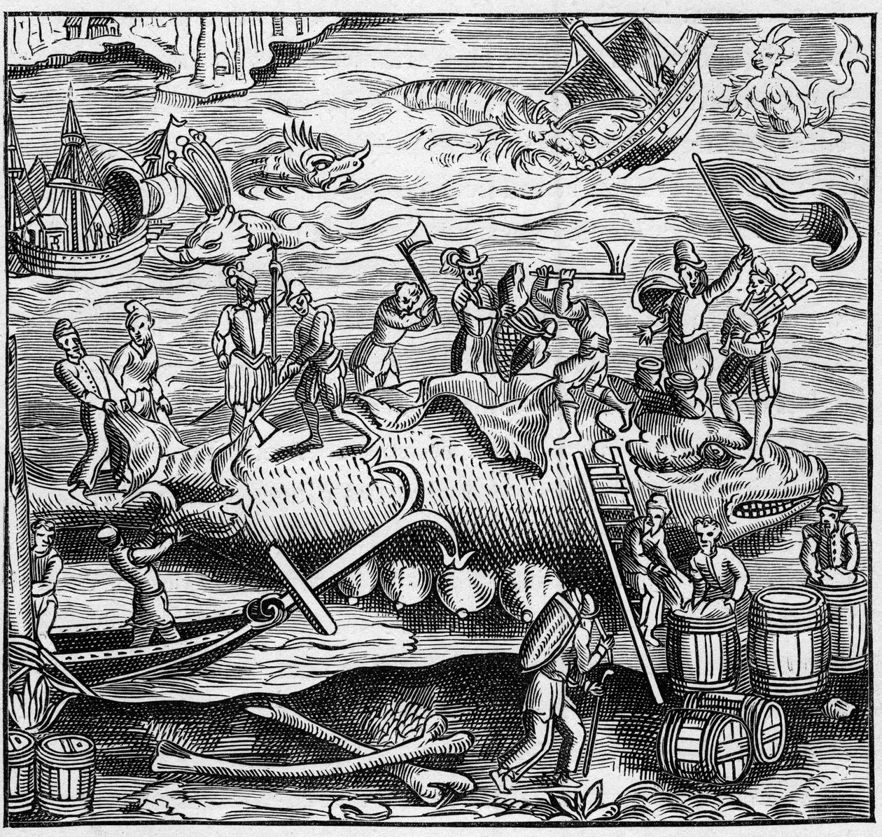 Lov velryb na francouzském pobřeží Atlantského oceánu ve středověku. Rytina v „La Marine et les colonies: commerce“ od French School