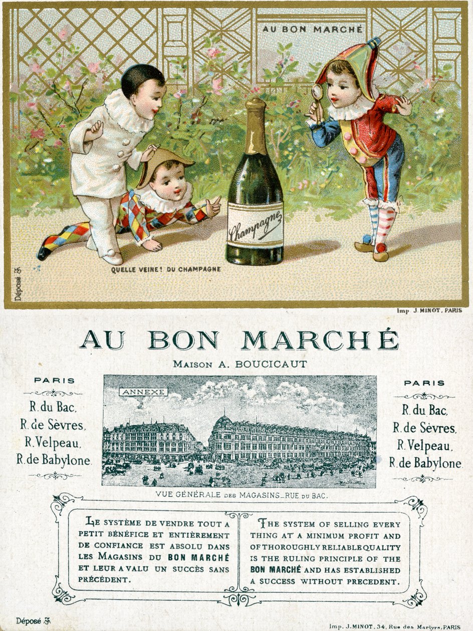 Jaké štěstí! láhev šampaňského; přední a zadní strana propagační karty pro obchodní domy Bon Marché v Paříži, kolem roku 1895 od French School