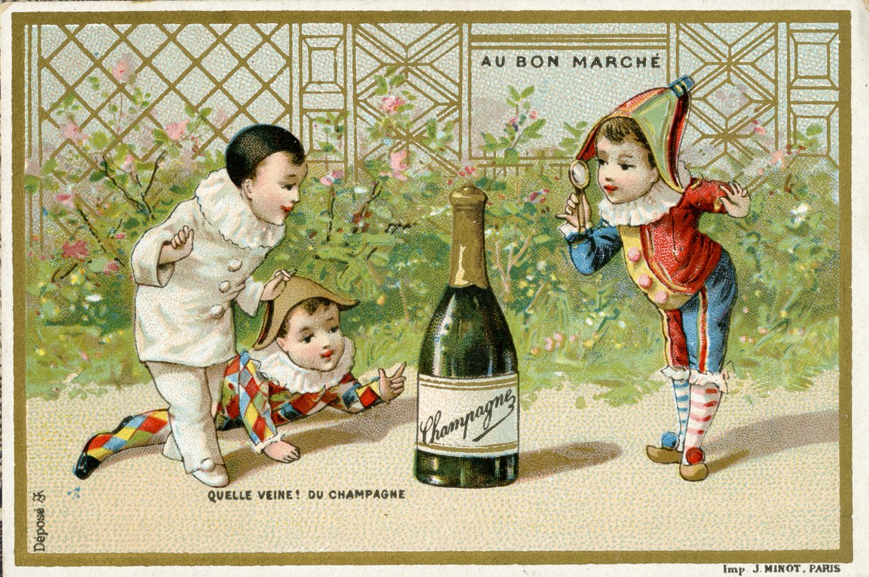 Jaké štěstí! láhev šampaňského, propagační karta pro pařížský obchodní dům Au Bon Marché, kolem roku 1895 (viz také 488428) od French School
