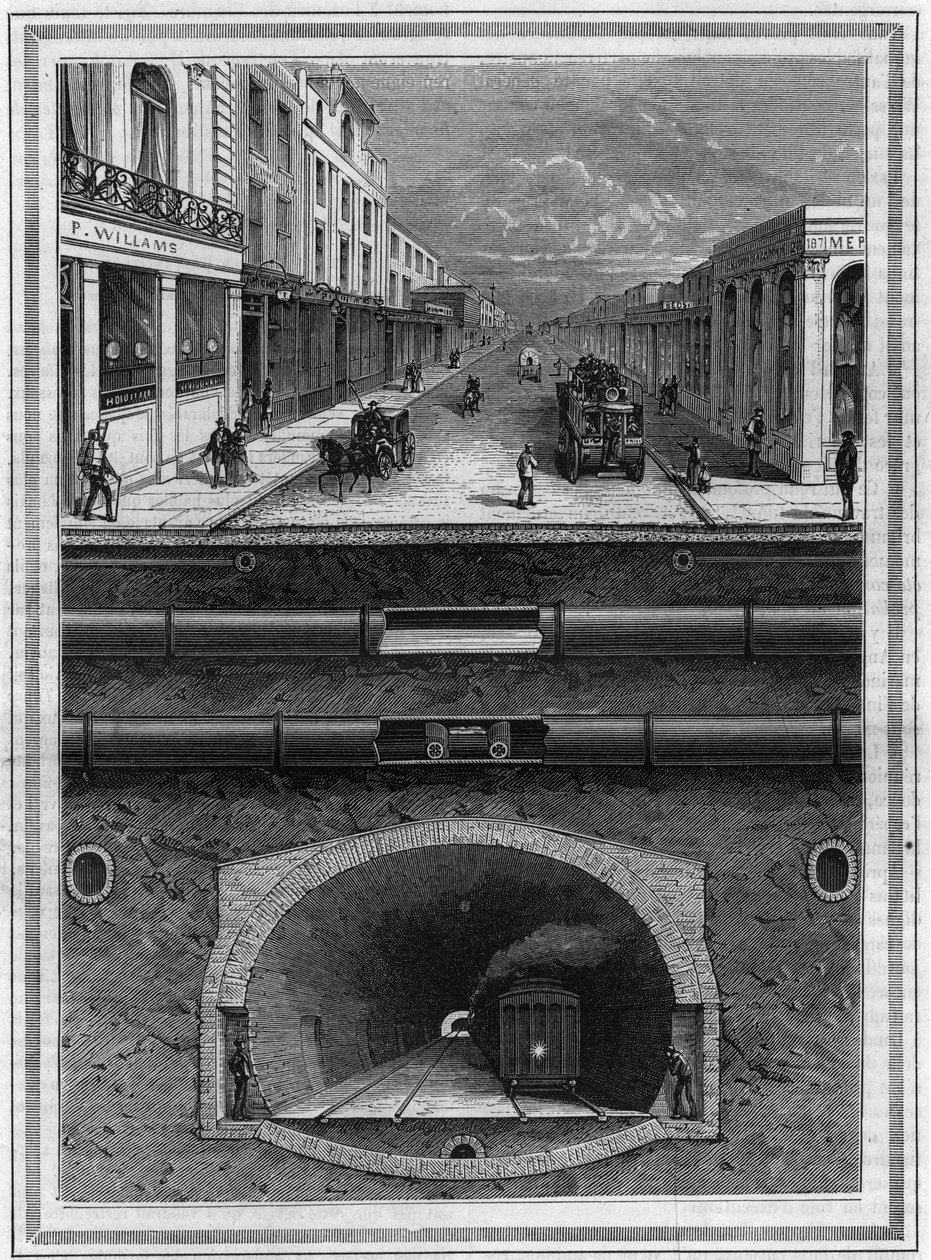 Co je pod dlažbou Londýna (Velká Británie): Plynové potrubí, vodovodní potrubí, pneumatické potrubí pro odpad, kanalizace, tunel a železniční trať pro metropolitní oblasti. Gravírování v „“ La Nature. Revue des sciences et de ses applications aux arts et à od French School