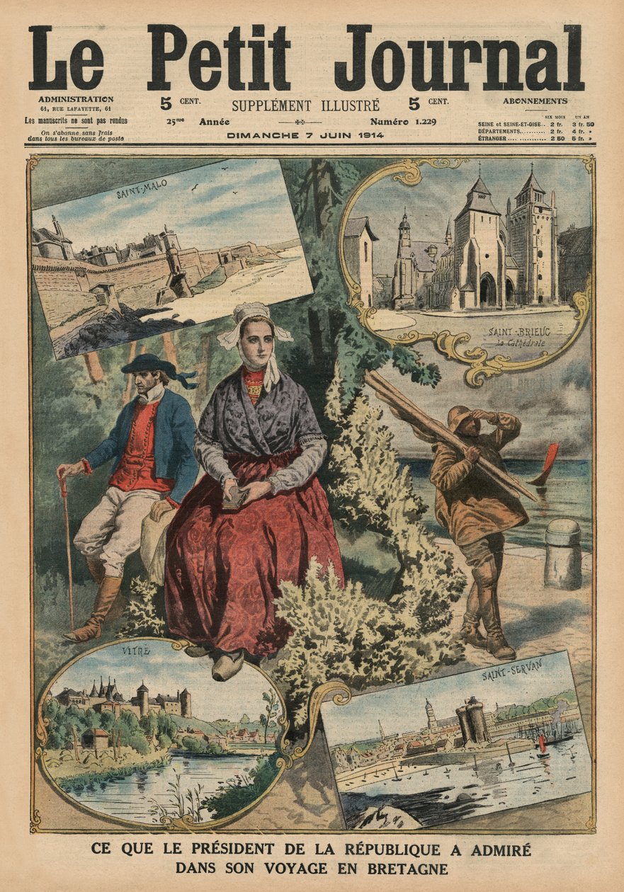 Co obdivoval prezident republiky během své cesty po Bretani, ilustrace na titulní straně z "Le Petit Journal", supplement illustre, 7. června 1914. od French School