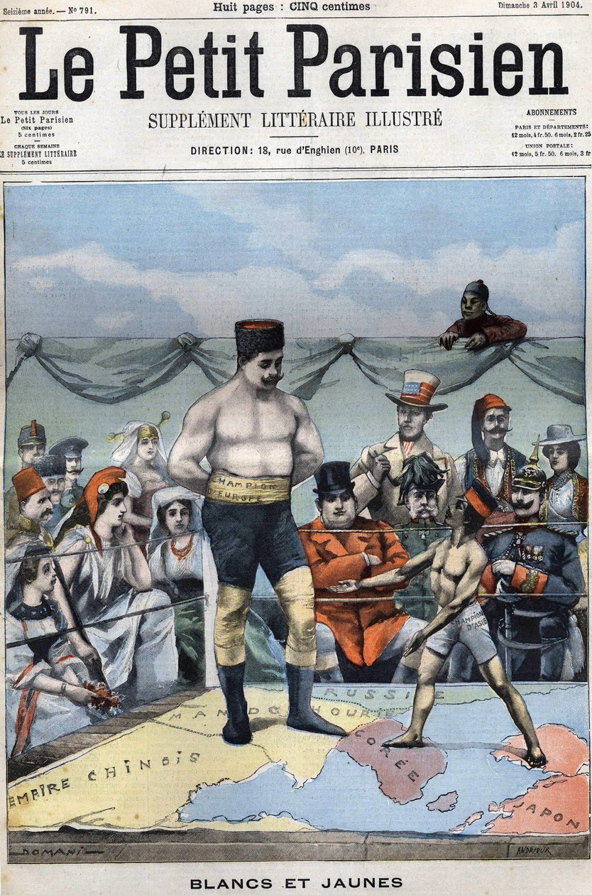Bílá a žlutá (karikatura o rusko-japonské válce: země jako Francie, USA, Čína... sledují boxování Japonska a Ruska). Obálka Le petit Parisien z 3. dubna od French School