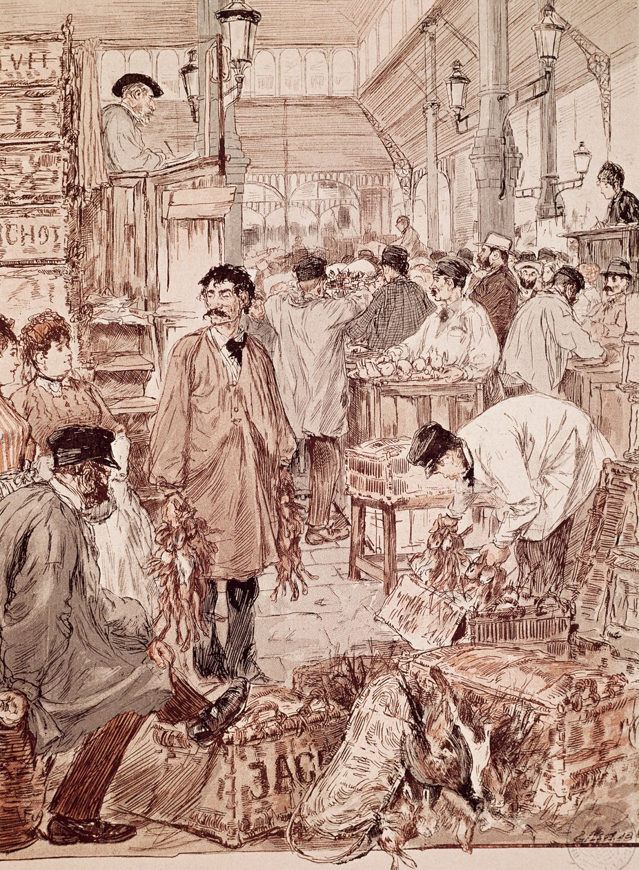 Aukce divoké zvěře v Les Halles, ilustrace, Paříž, Francie od French School