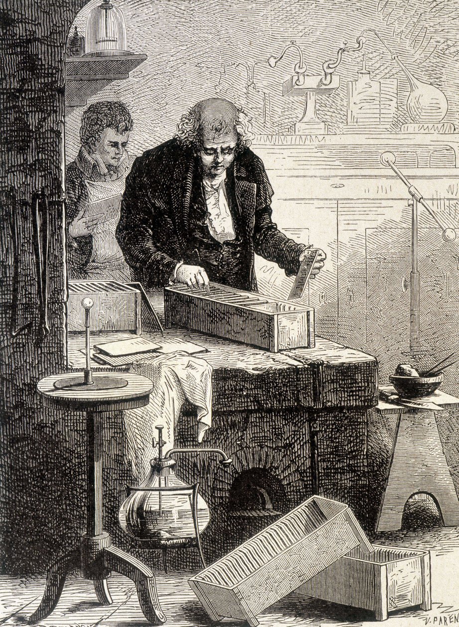 William Cruickshank postavil hromádku žlabů - v „“ Album of Science; proslulí učenci; Velké objevy””” 1896. od French School