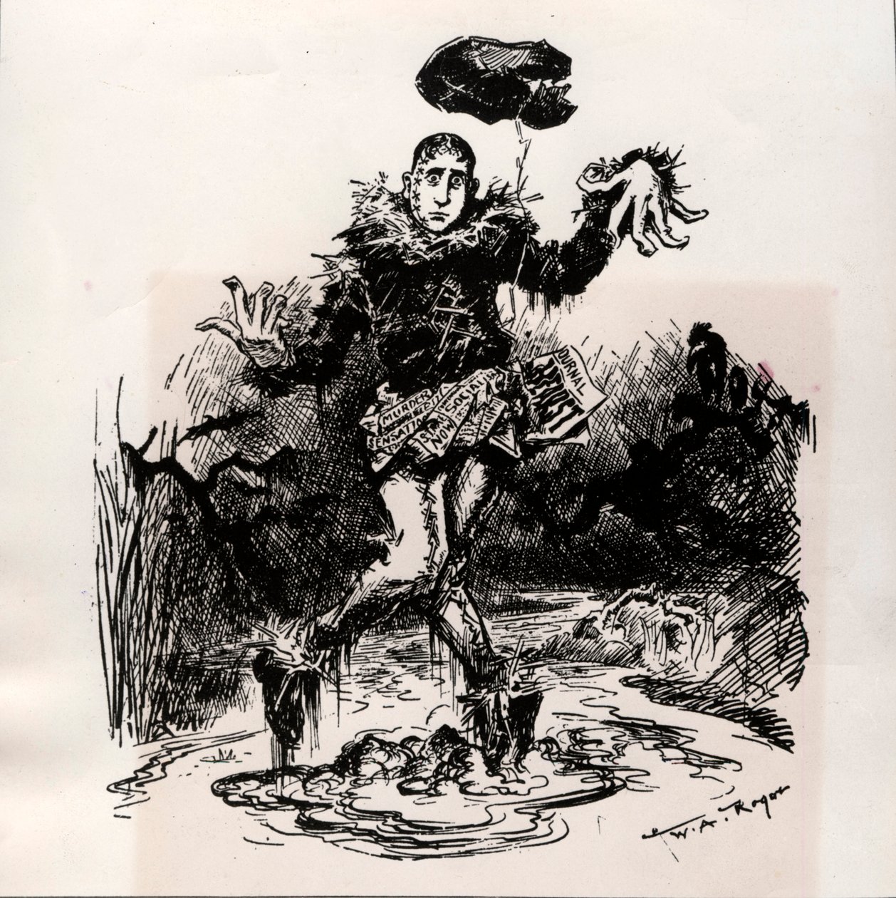 William Hearst, tiskový novinář se senzací, představovaný jako strašák v blátě - Karikatura Harper