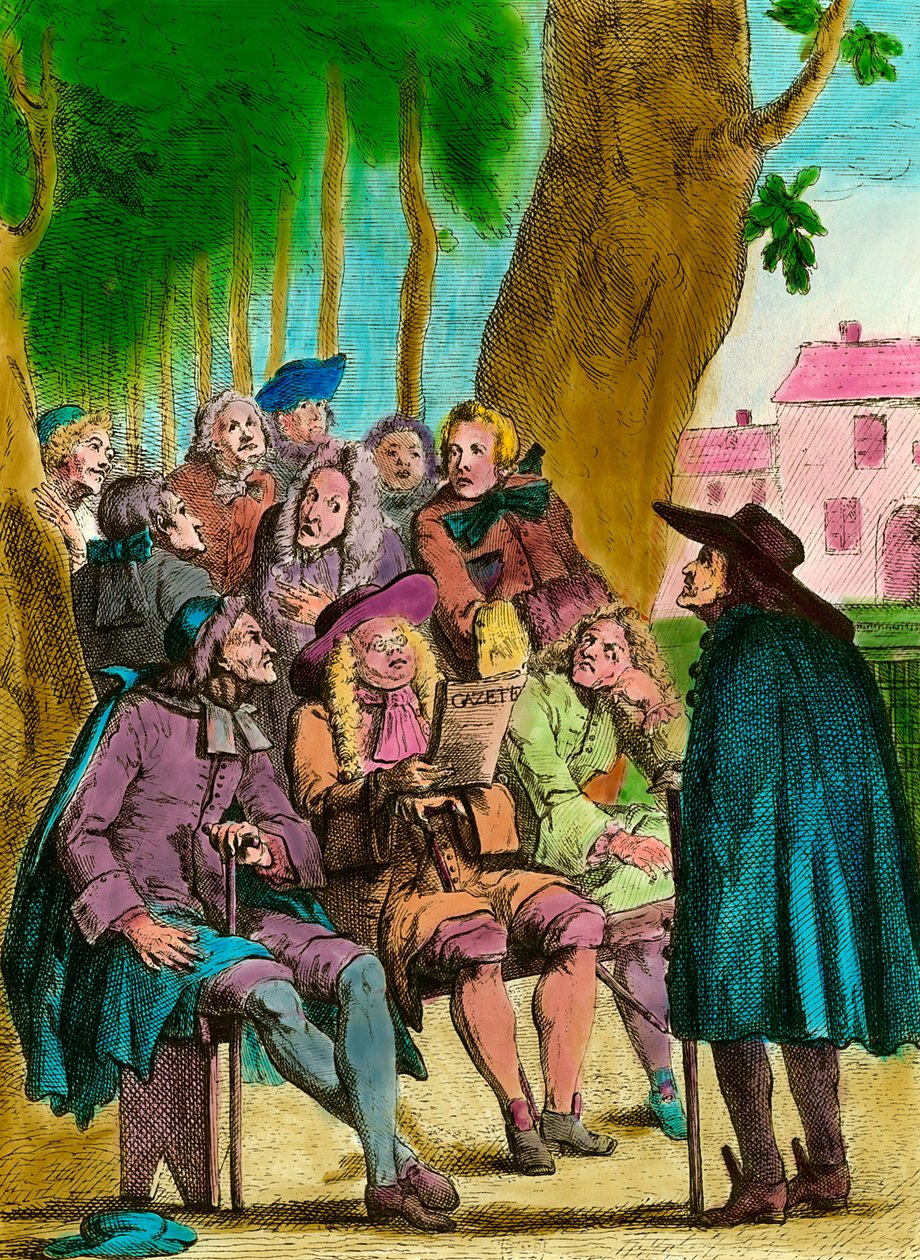 Větrní politici čtou "Gazette" pod Krakovským stromem v Lucemburských zahradách na konci starého režimu v Paříži. Rytina z 18. století. Soukromá sbírka od French School