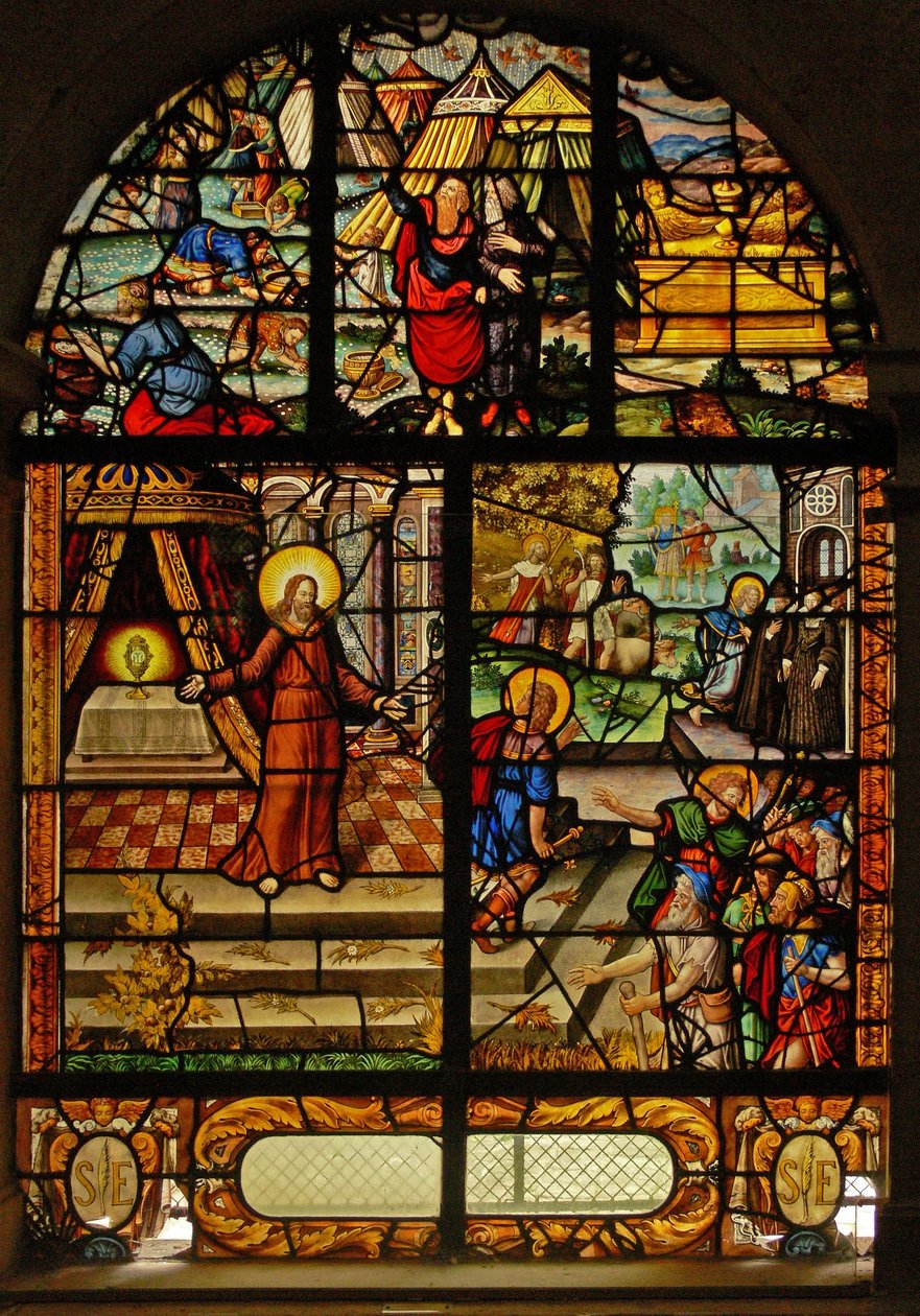 Window Charnier-10 zobrazující Mannu z nebe; Kristus a hostie od French School