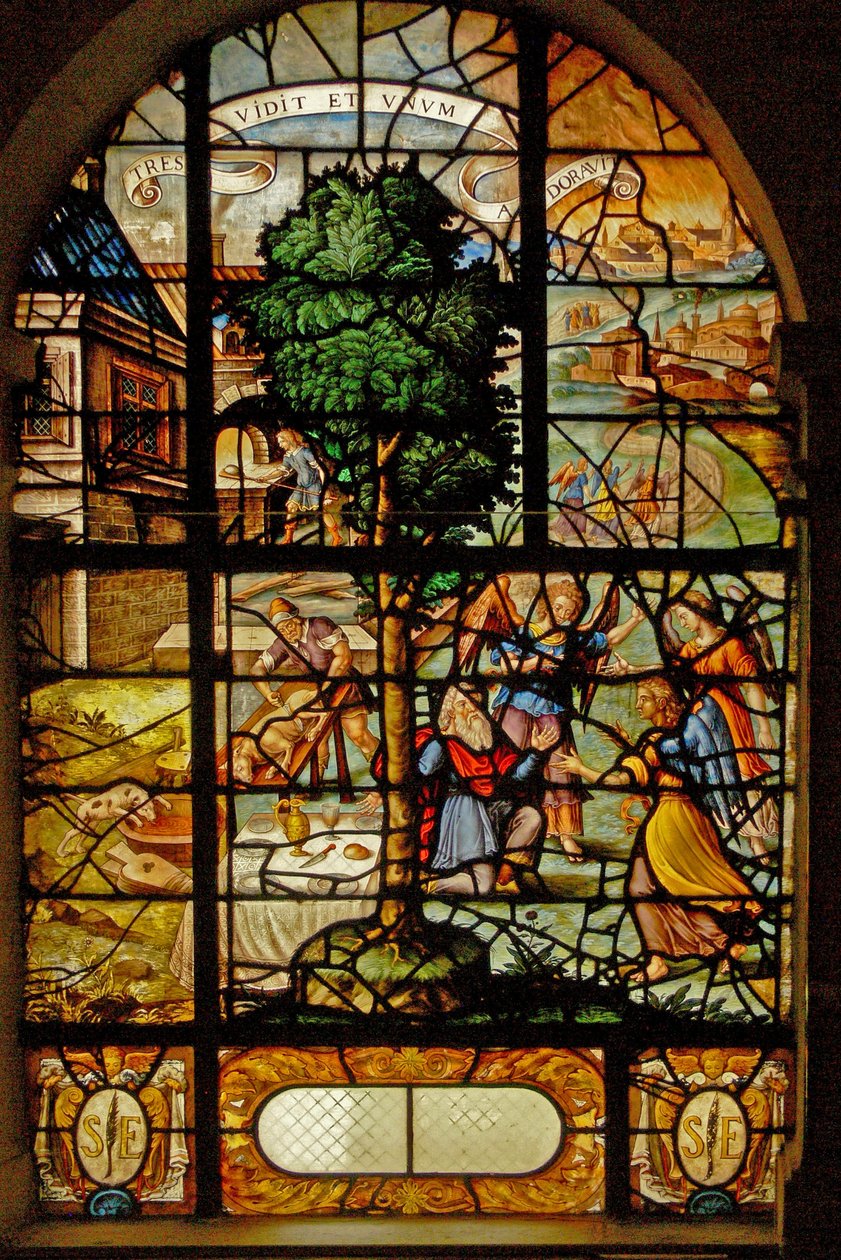 Okno Charnier-13 zobrazující Abrahama, kterého navštěvují 3 andělé od French School