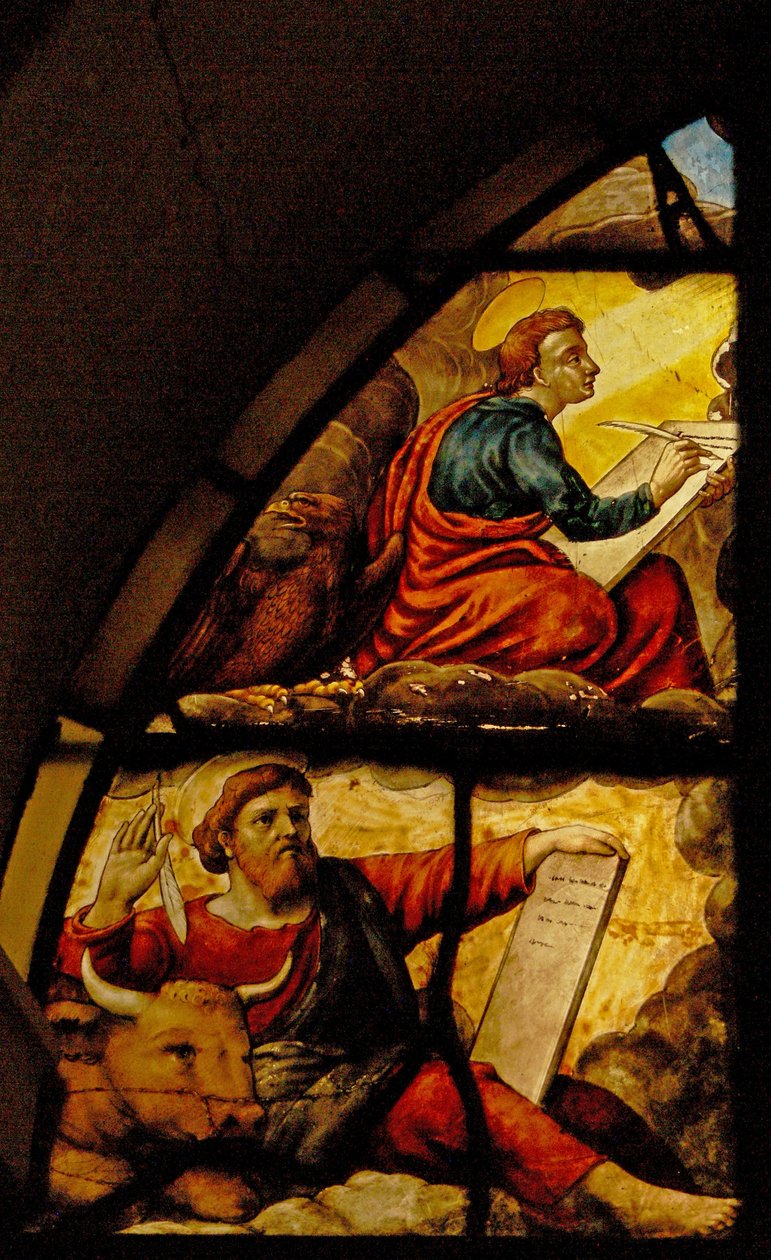Okno Charnier-2 zobrazující evangelisty se zázrakem hostie: svatého Lukáše a svatého Jana od French School