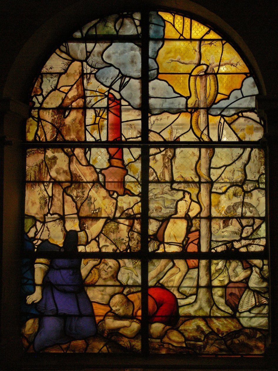 Window Charnier-5 zobrazující Mojžíše a mosazného hada od French School